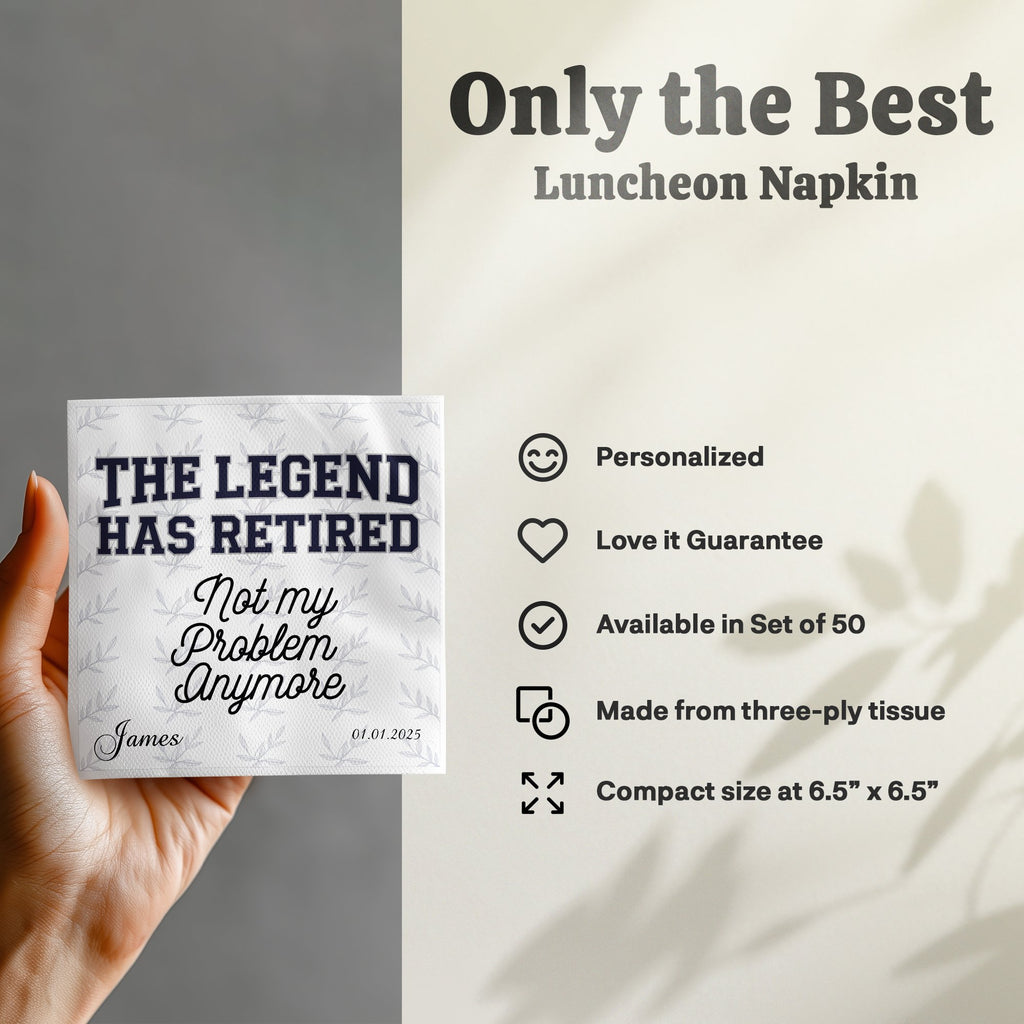 "The Legend Has Retired" printed on a white luncheon napkin with a date.