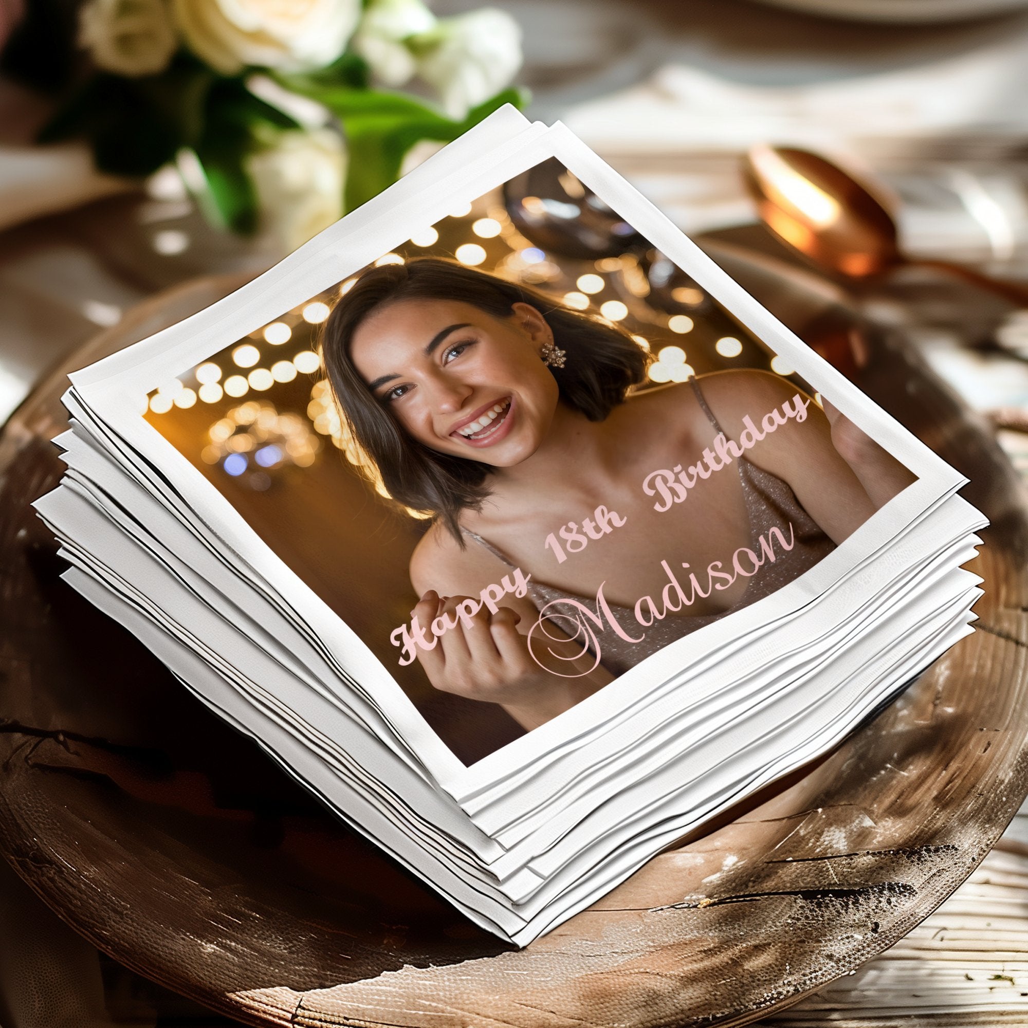 Stack of photos with one featuring a woman and text "Happy 18th Birthday Madison".