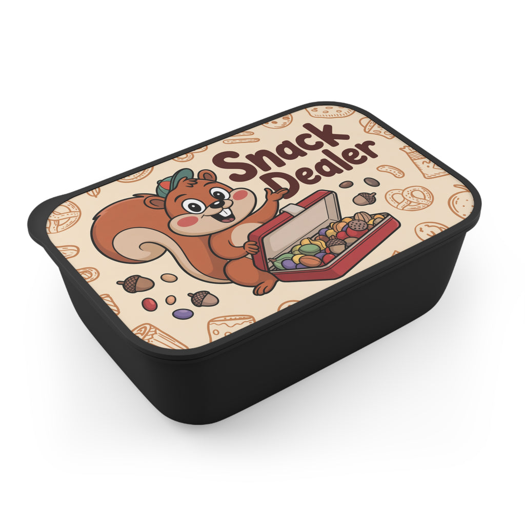 Squirrel character with candy in a snack container with pretzel pattern.
