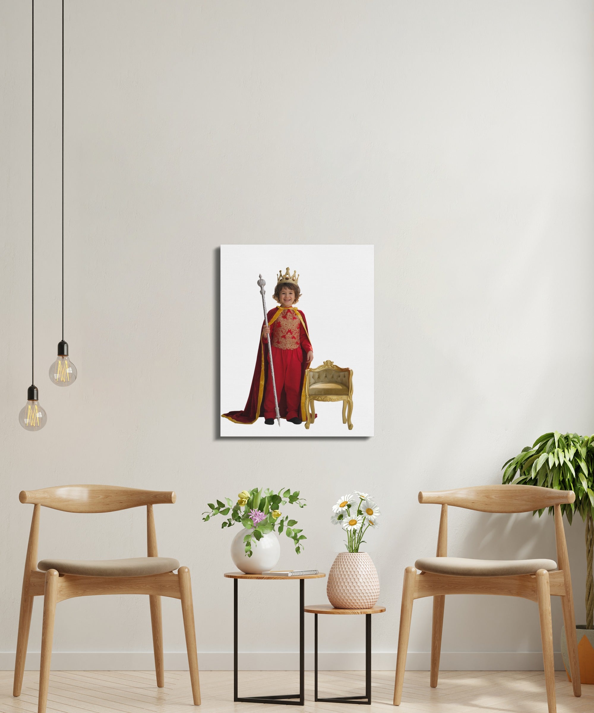 Child in royal costume with crown and scepter stands by a throne.