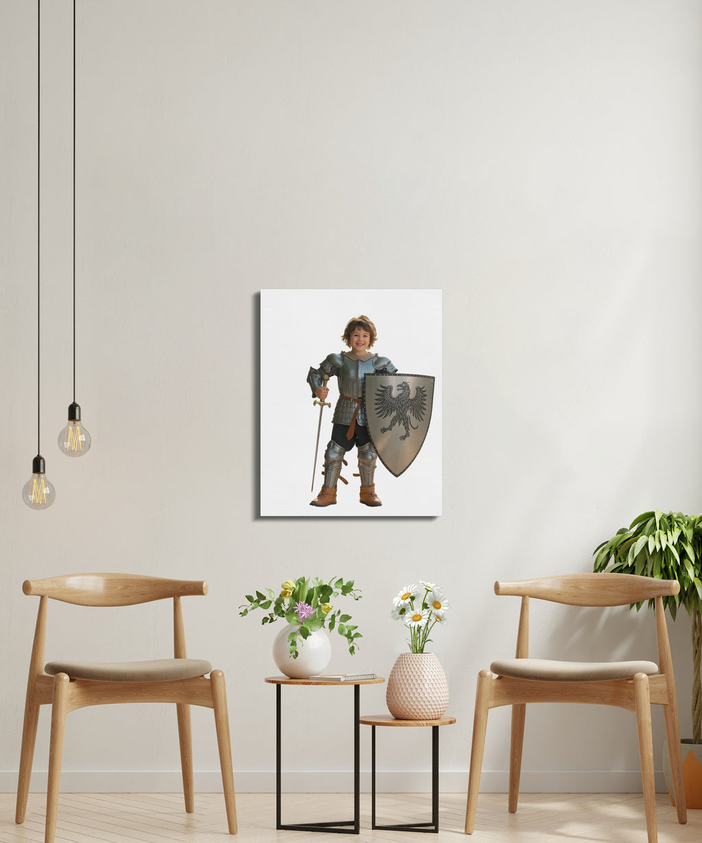 Young person in knight costume holding sword and shield.
