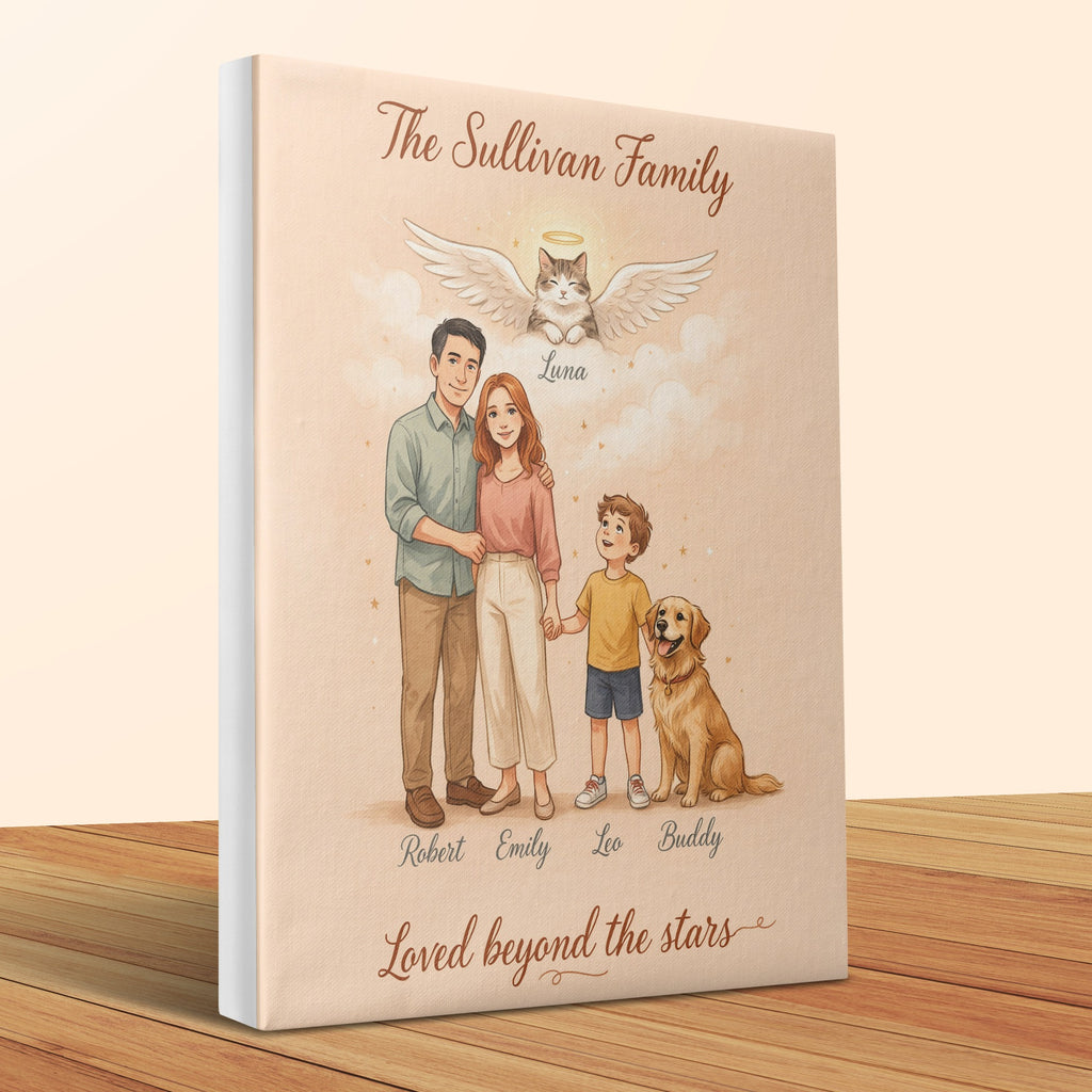 Custom portrait of The Sullivan Family with names Robert, Emily, Leo, Buddy and angel cat Luna.