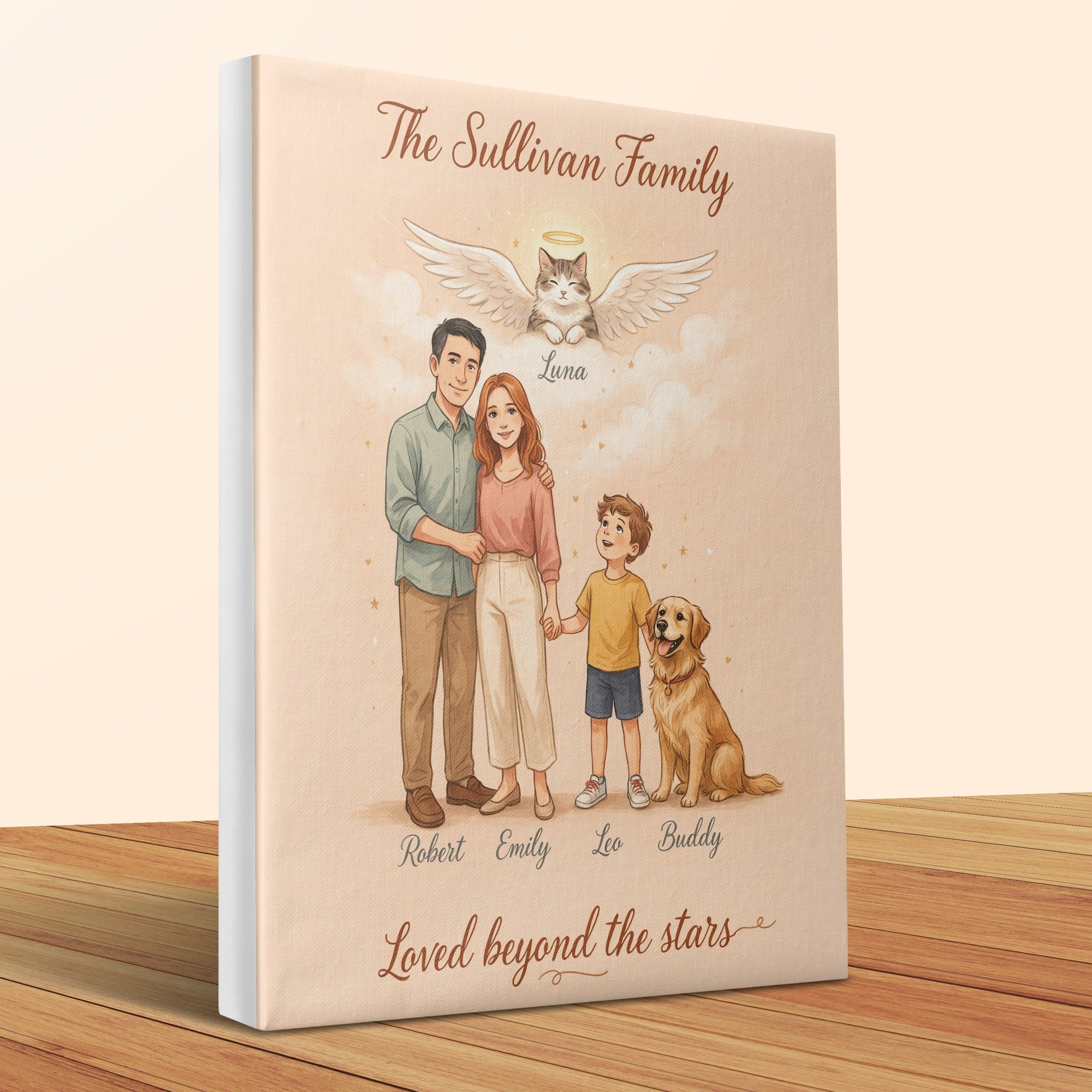 Custom portrait of The Sullivan Family with names Robert, Emily, Leo, Buddy and angel cat Luna.