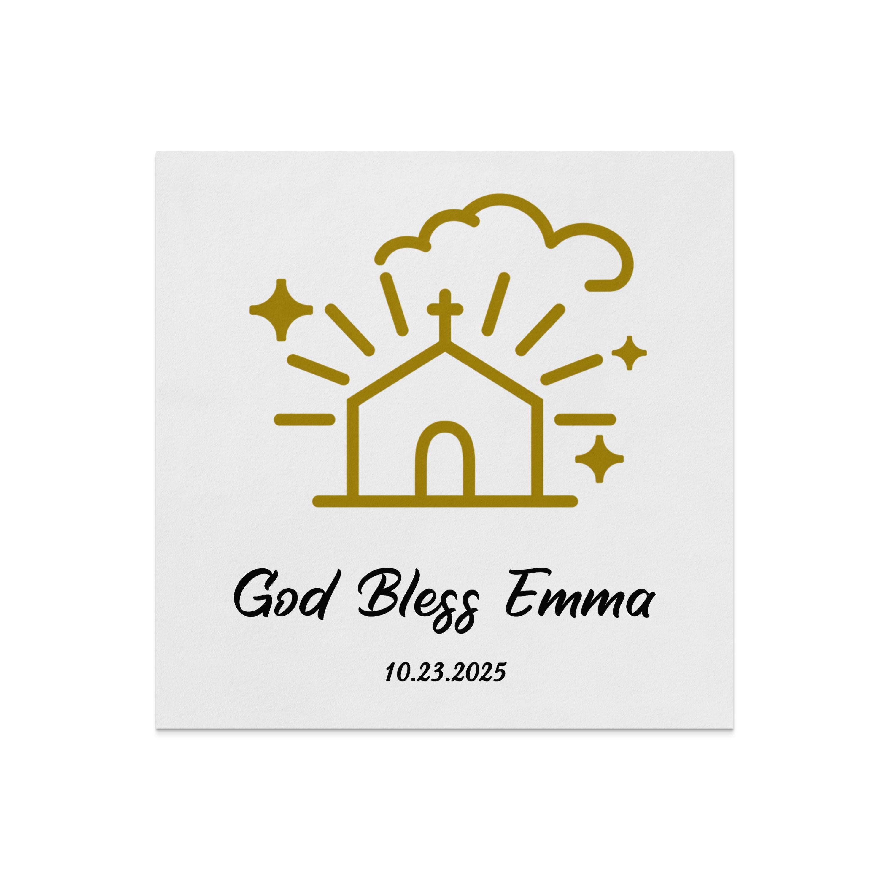Gold church icon with stars and text "God Bless Emma 10.23.2025".