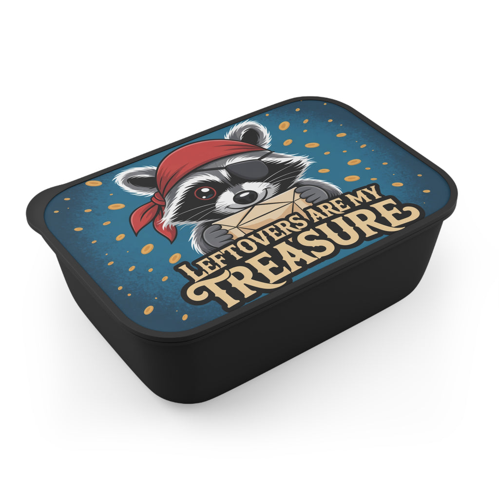 Raccoon in bandana holds envelope with "Leftovers Are My Treasure" text.