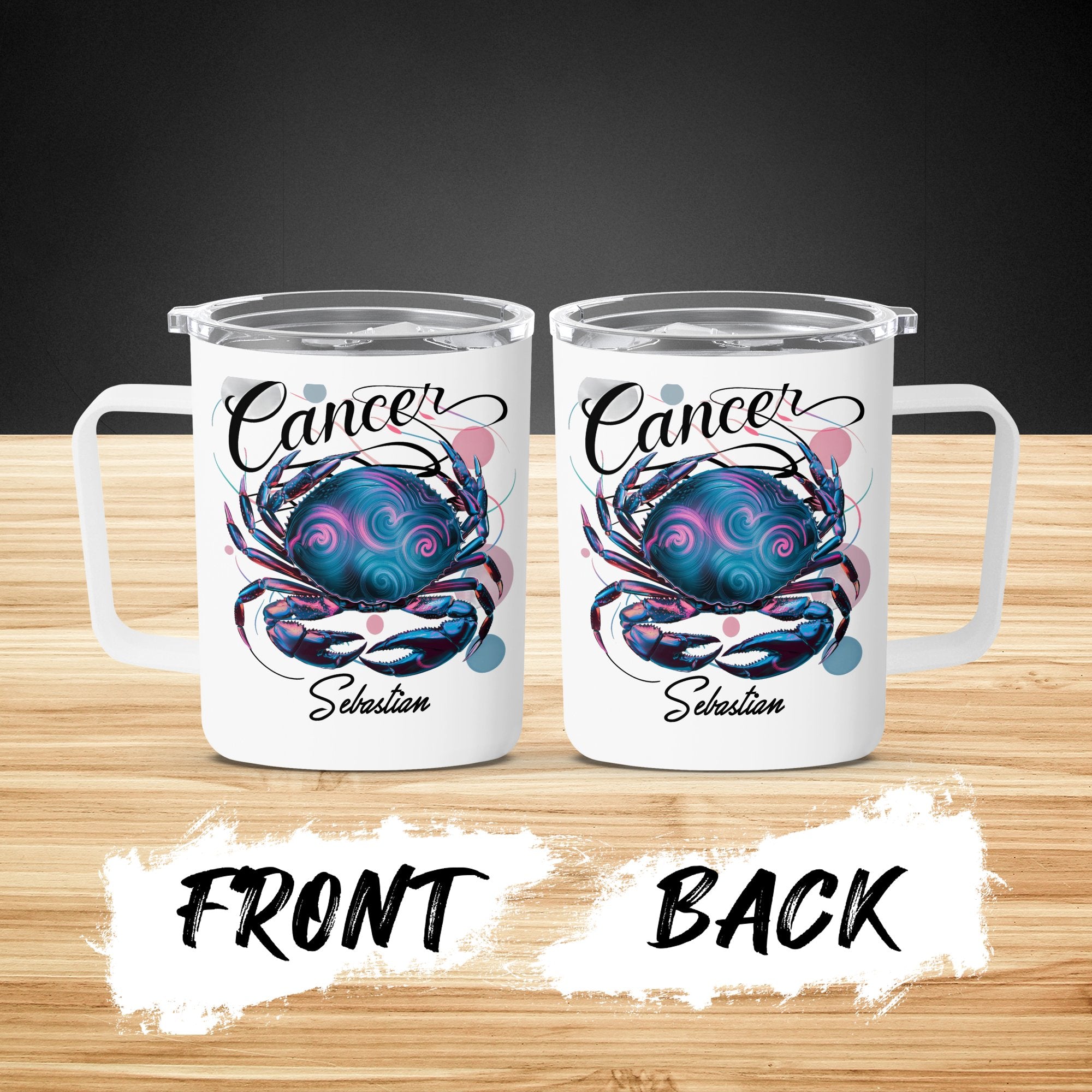 White Cancer constellation crab design tumblers, front and back view.