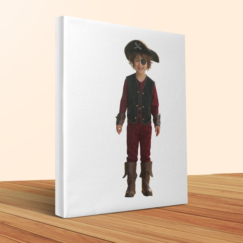 Young child in pirate costume with eye patch and hat, standing.