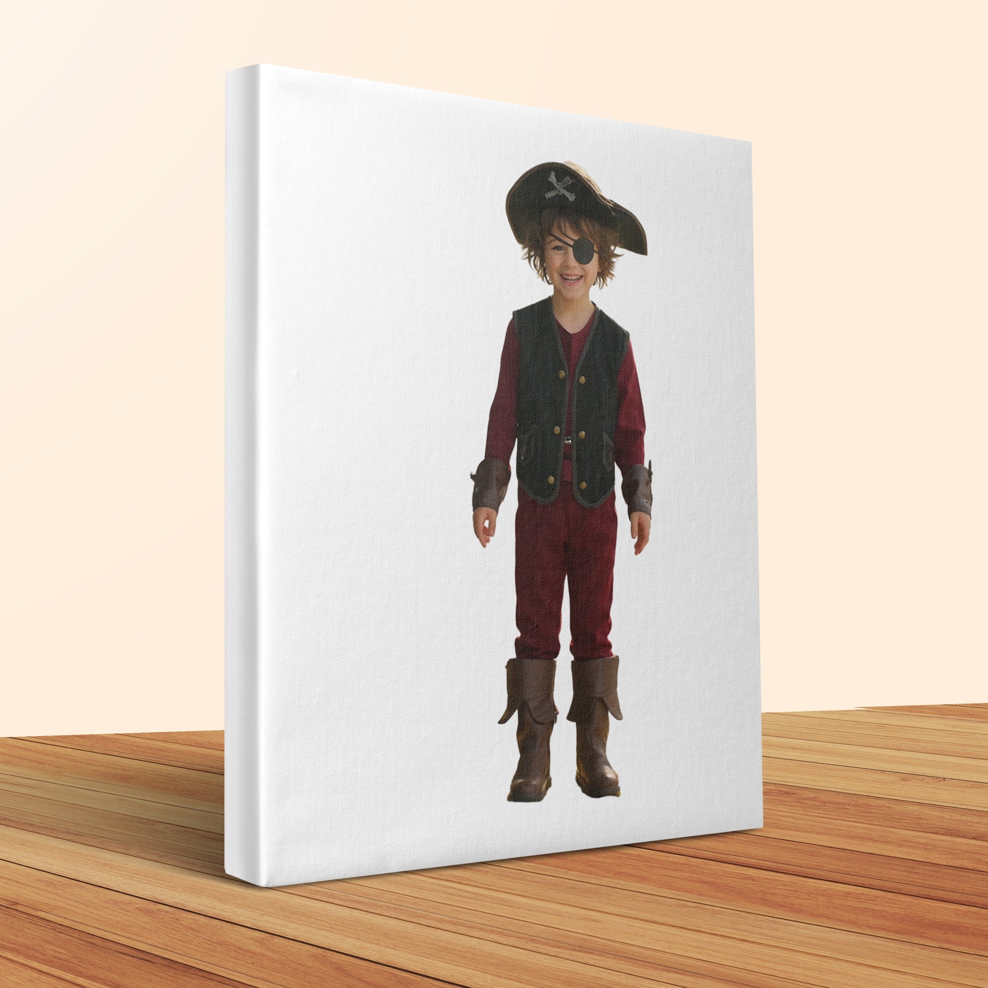 Young child in pirate costume with eye patch and hat, standing.