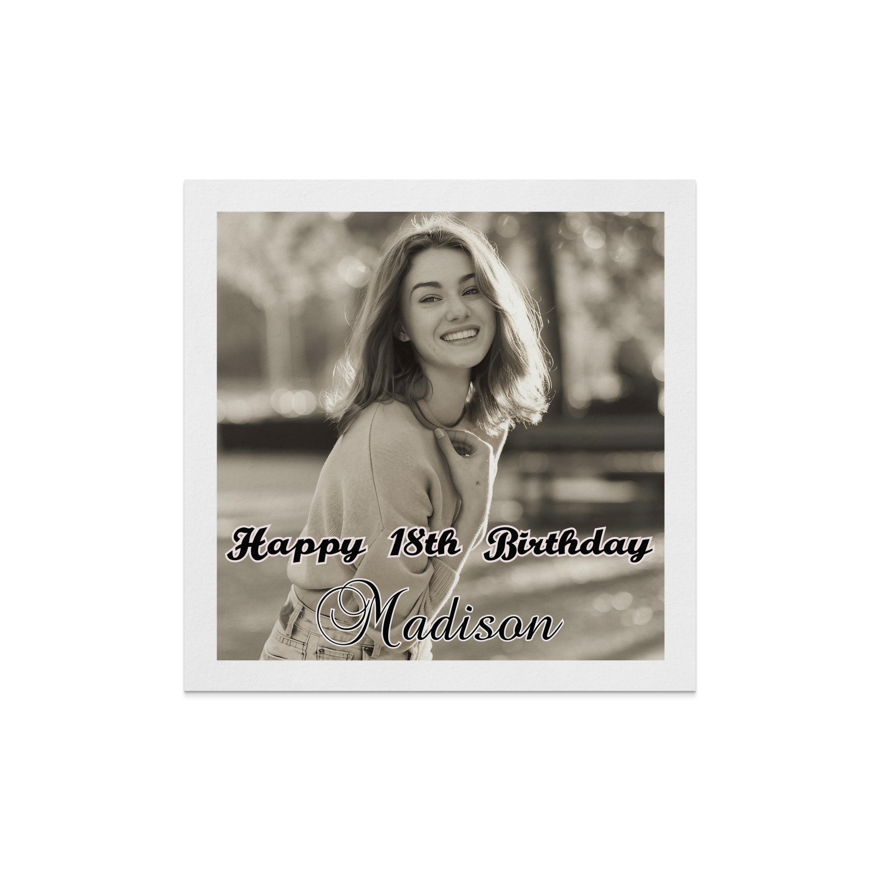 Happy 18th Birthday Madison greeting card with a smiling young woman.