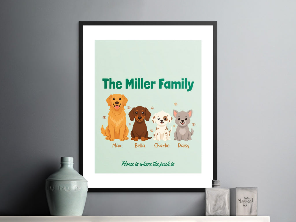 Personalized "The Miller Family" print with four dogs and names Max, Bella, Charlie, and Daisy.
