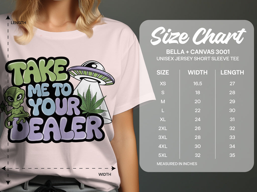 T-shirt with alien, UFO, and marijuana leaf graphic; size chart.