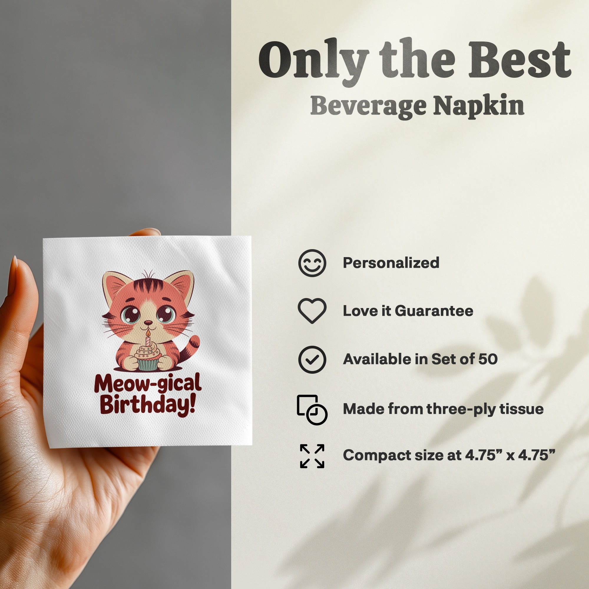 Napkin with cat and "Meow-gical Birthday!" text, set of 50.