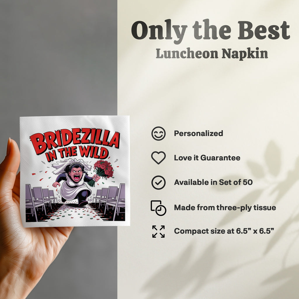 Bridezilla in the Wild napkin design with text details and product information.