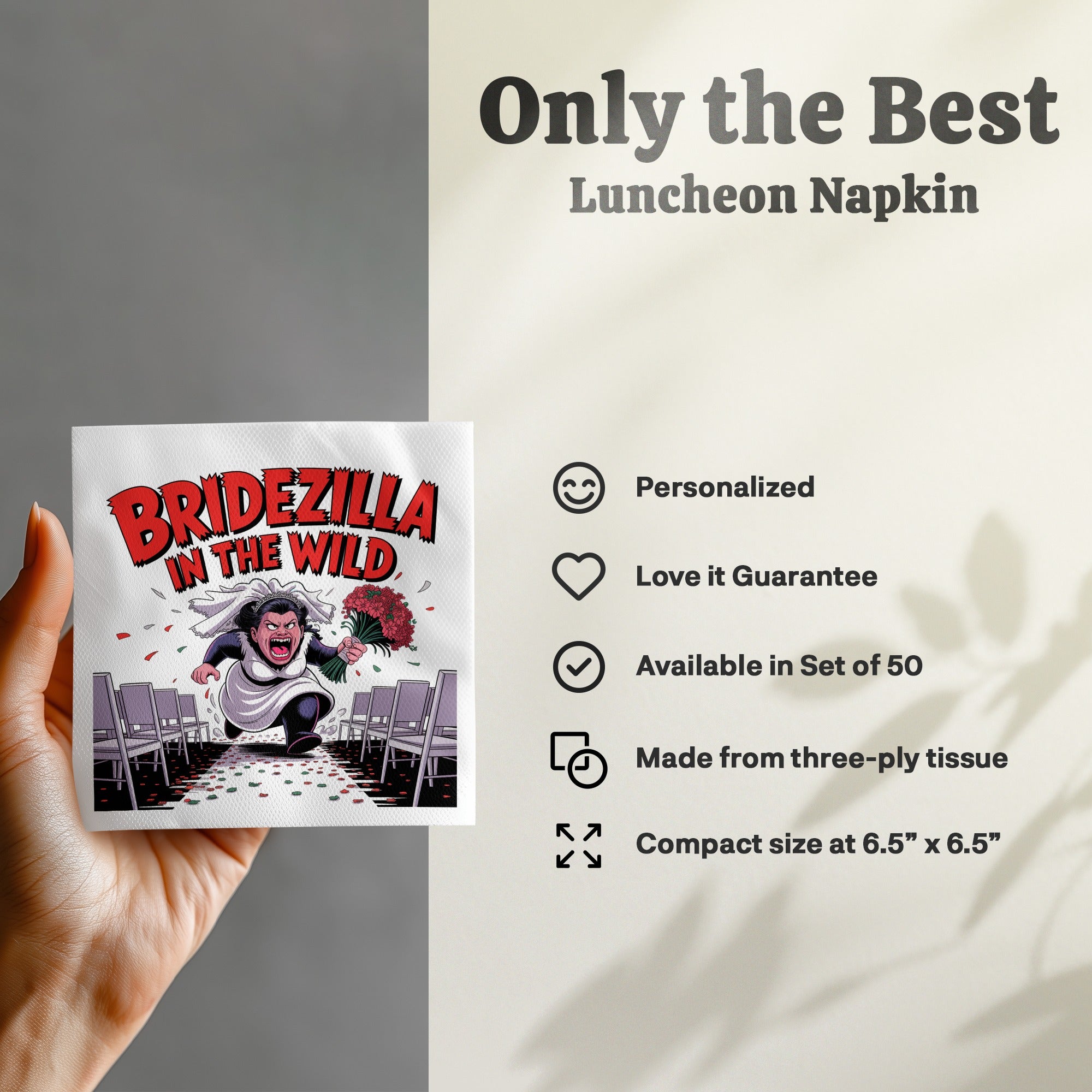 Bridezilla in the Wild napkin design with text details and product information.