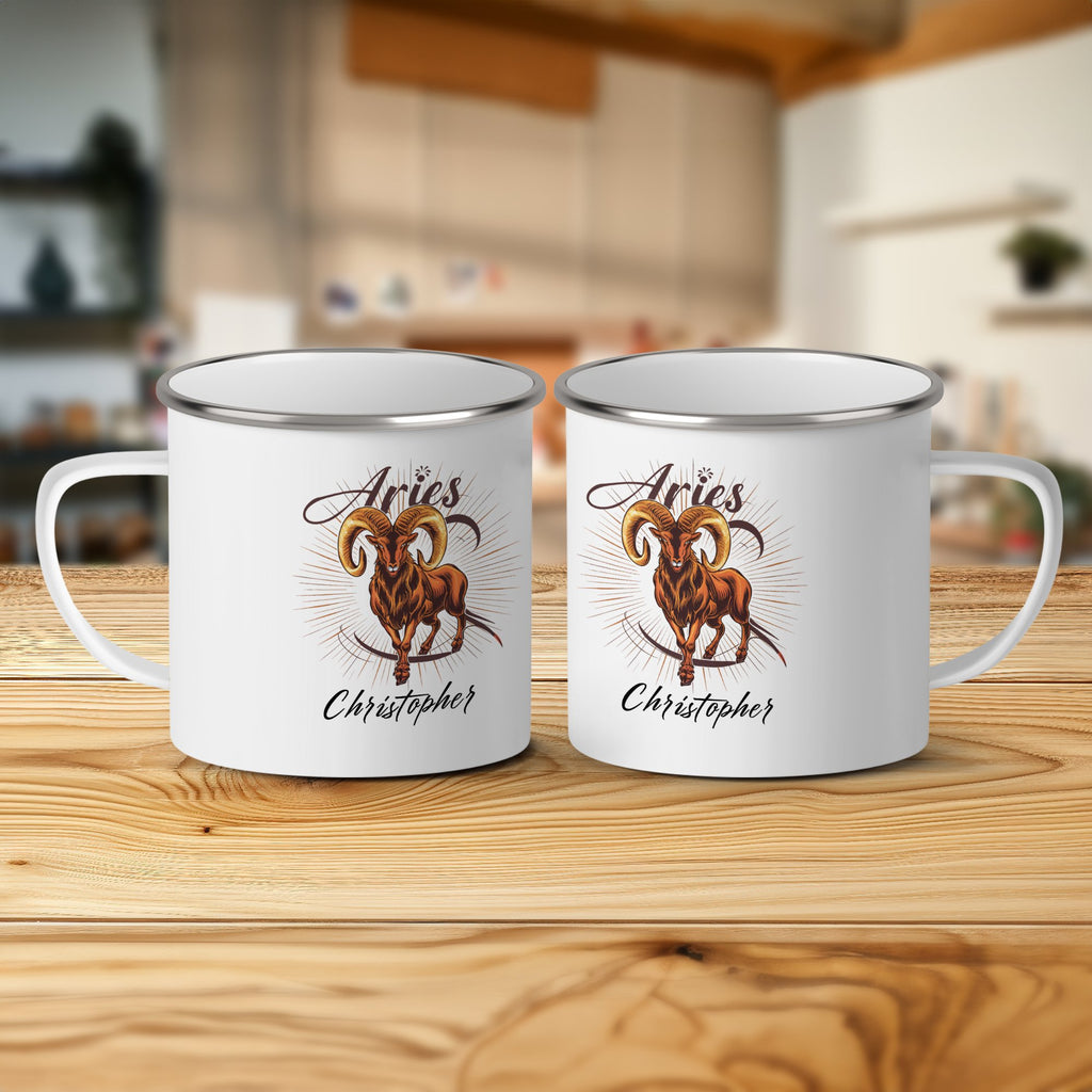 White enamel mugs with "Aries Christopher" and a ram illustration.