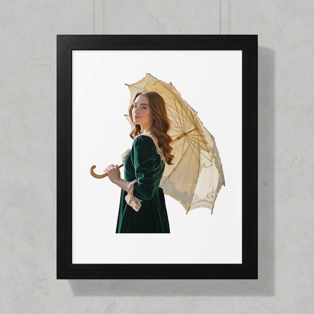 Young woman in green velvet dress holding an antique parasol.
