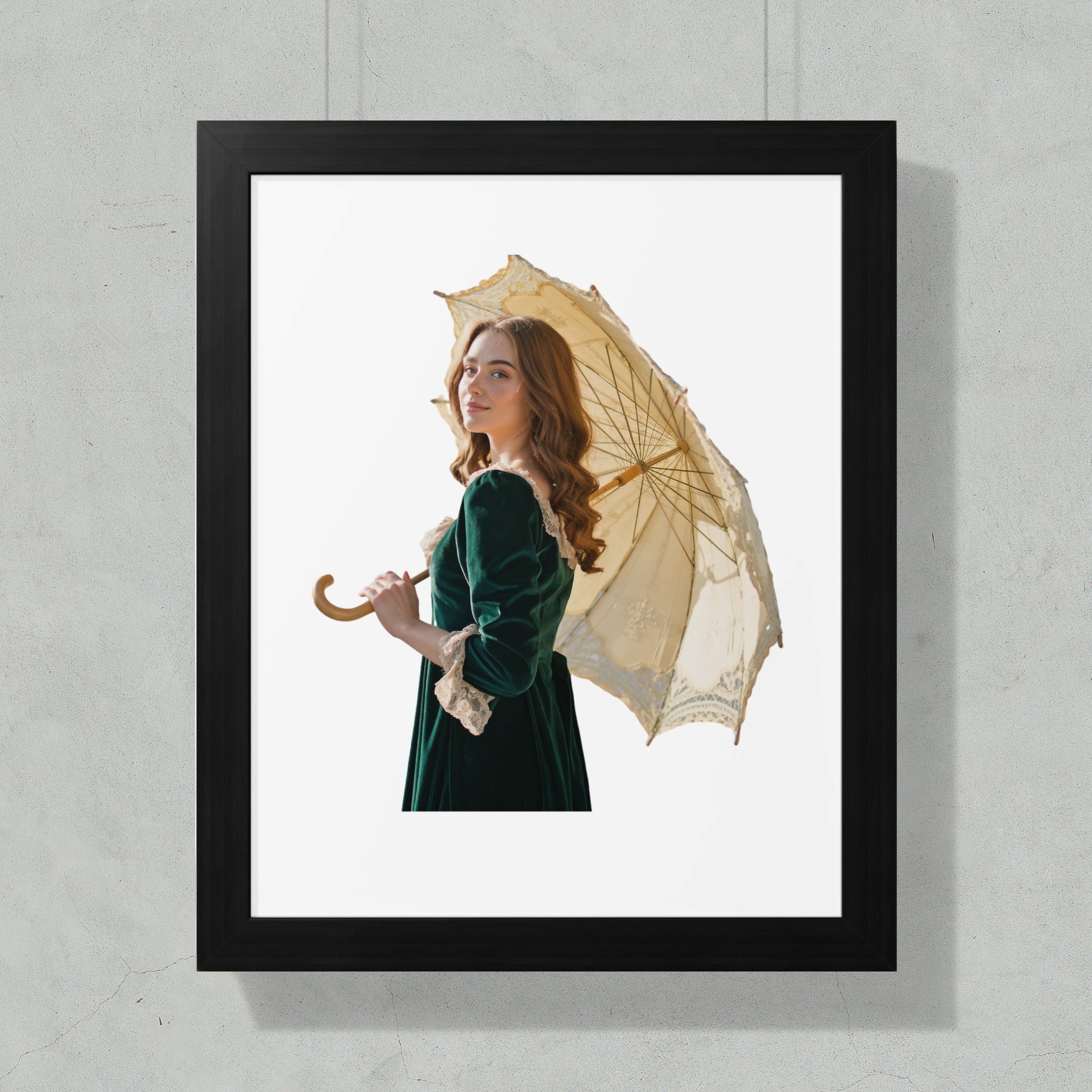 Young woman in green velvet dress holding an antique parasol.