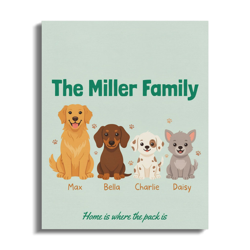 The Miller Family pets: Max, Bella, Charlie, and Daisy, with text "Home is where the pack is."