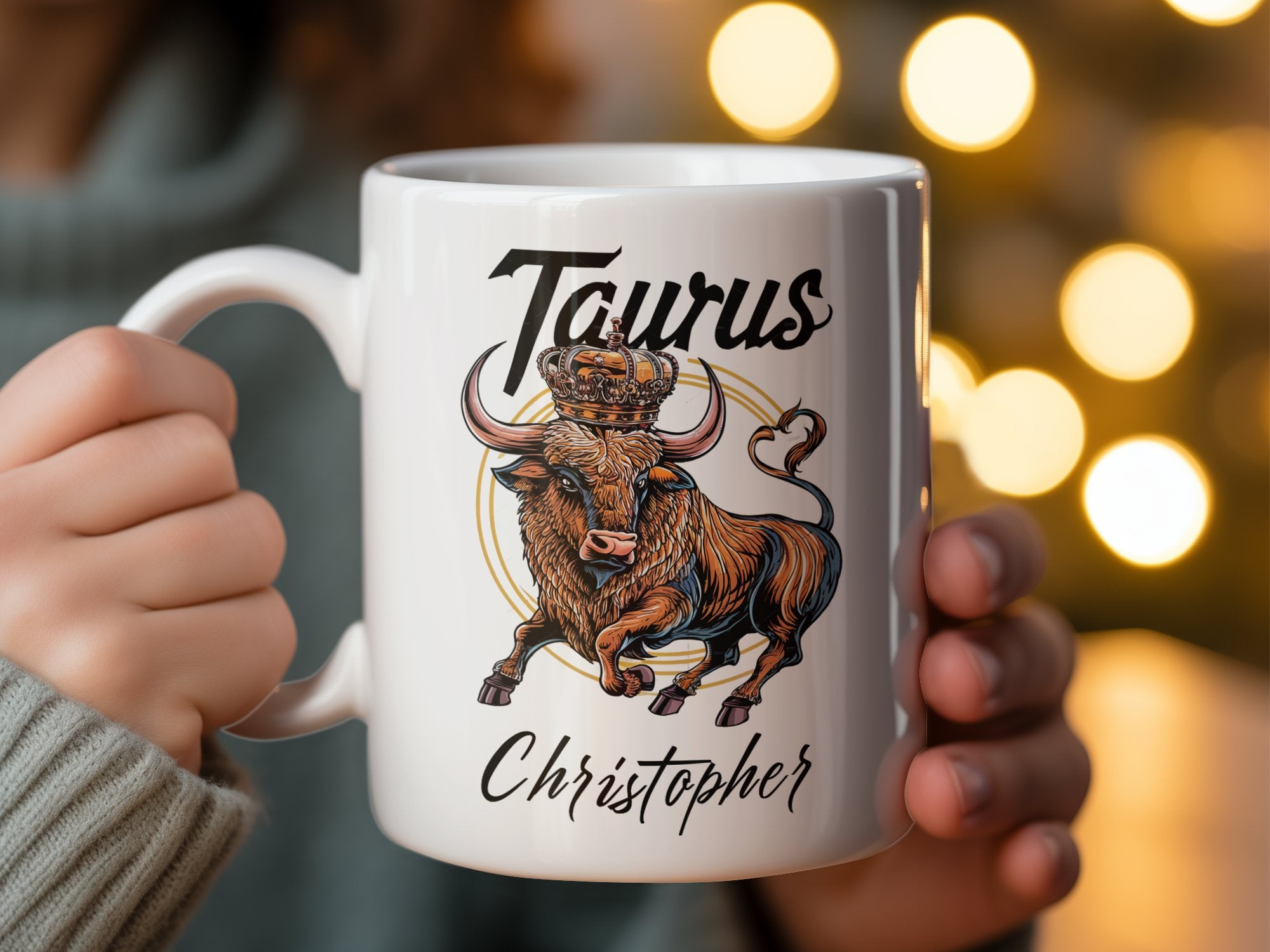 White mug with Taurus bull wearing a crown and "Christopher" text.