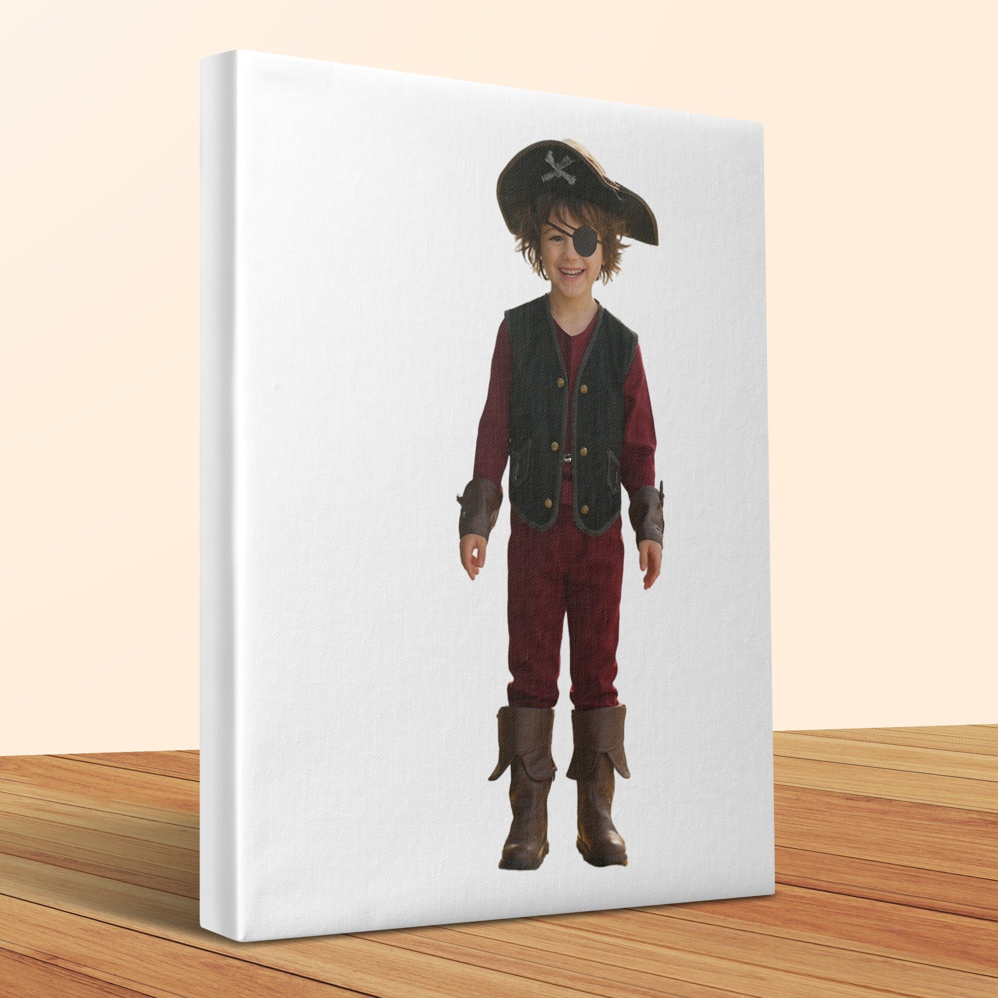 Child in pirate costume, standing on a wooden surface.