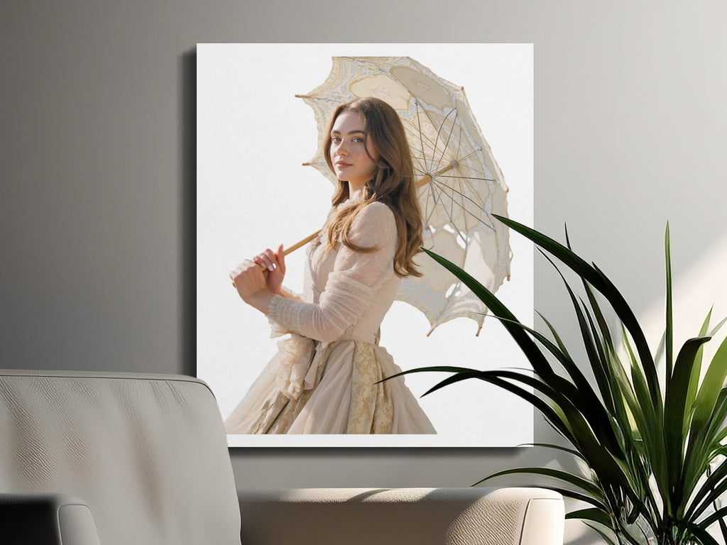 Woman in vintage dress holding an ornate parasol.