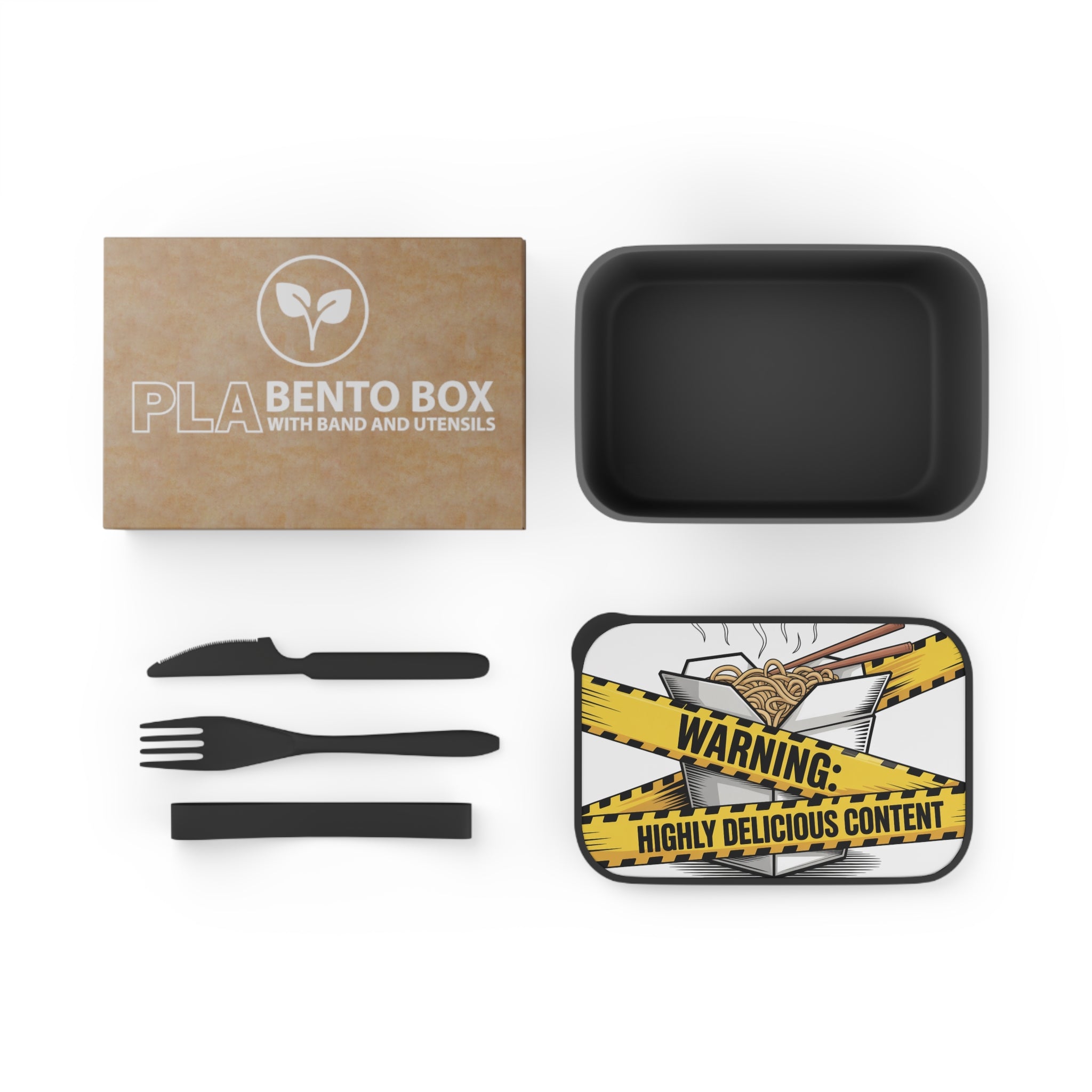 PLA Bento Box with band and utensils and a warning label.