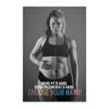 Split image showing a woman's body before and after fitness with text.