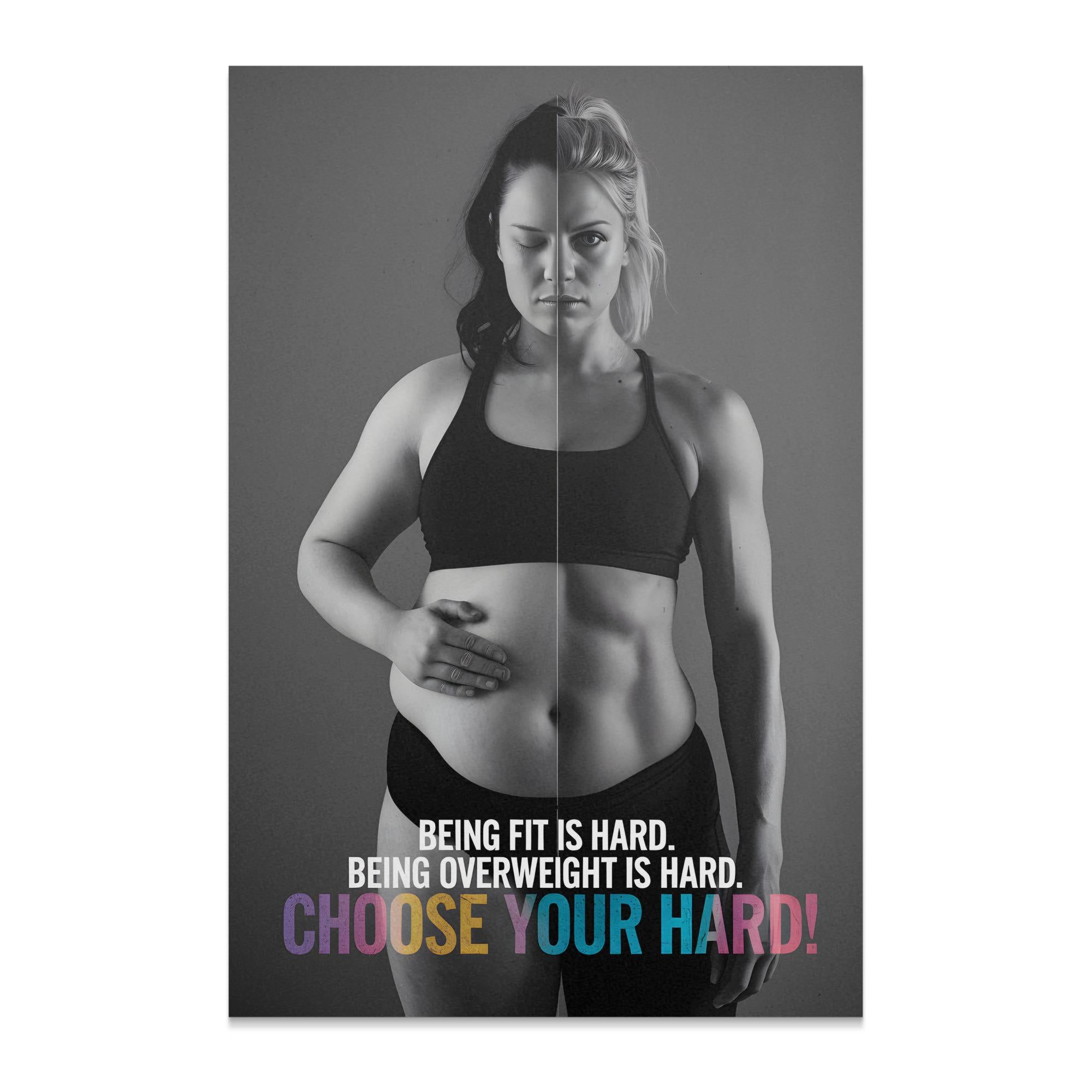 Split image showing a woman's body before and after fitness with text.