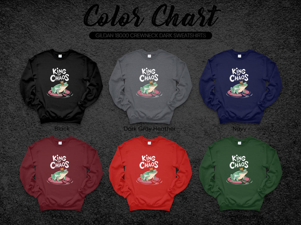 Color chart for Gildan 18000 crewneck dark sweatshirts with frog graphic.