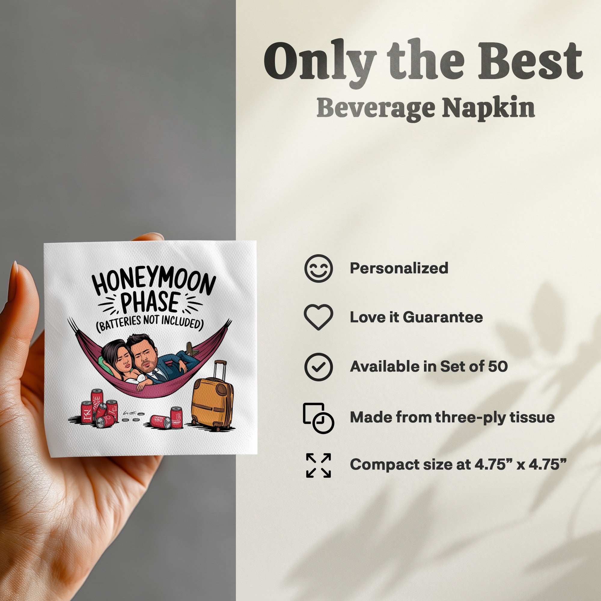 Napkin with "Honeymoon Phase" text, cartoon couple in hammock, and drink cans.