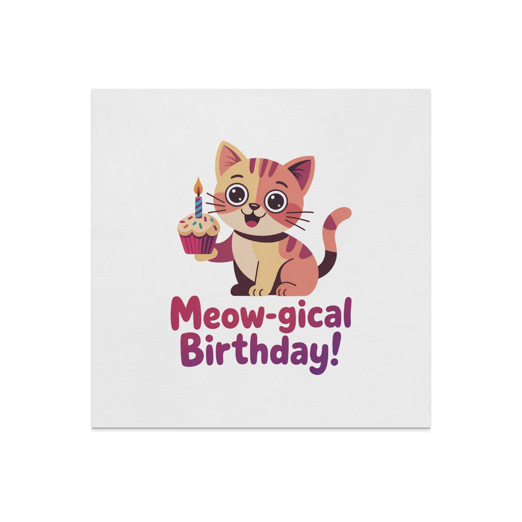 Cartoon cat holding cupcake with lit candle, "Meow-gical Birthday!" text.