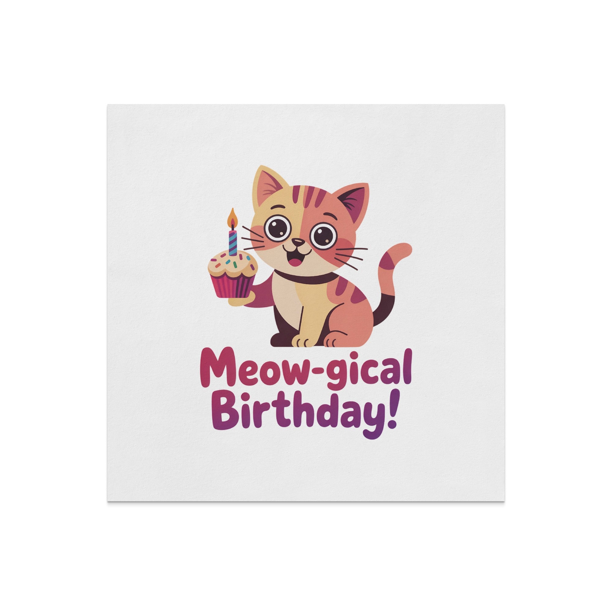 Cartoon cat holding cupcake with lit candle, "Meow-gical Birthday!" text.