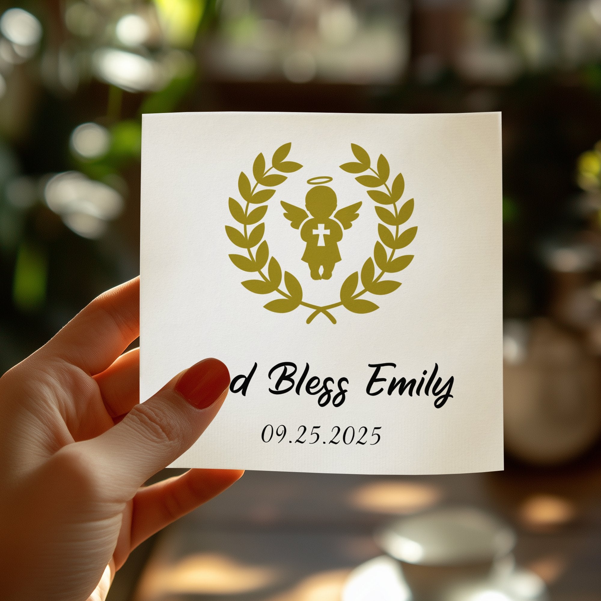 Card with angel, laurel wreath, and "God Bless Emily 09.25.2025".