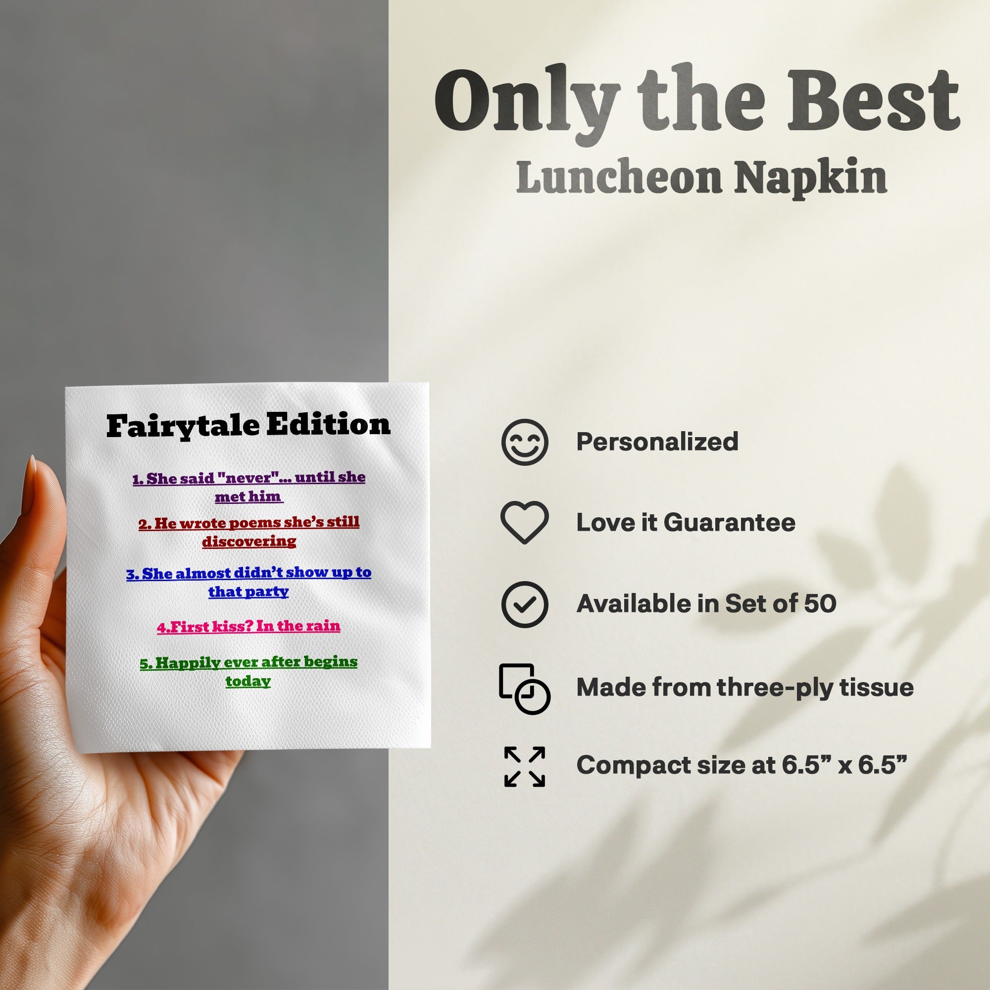 Fairytale Edition luncheon napkins with poem titles, available in a set of 50.