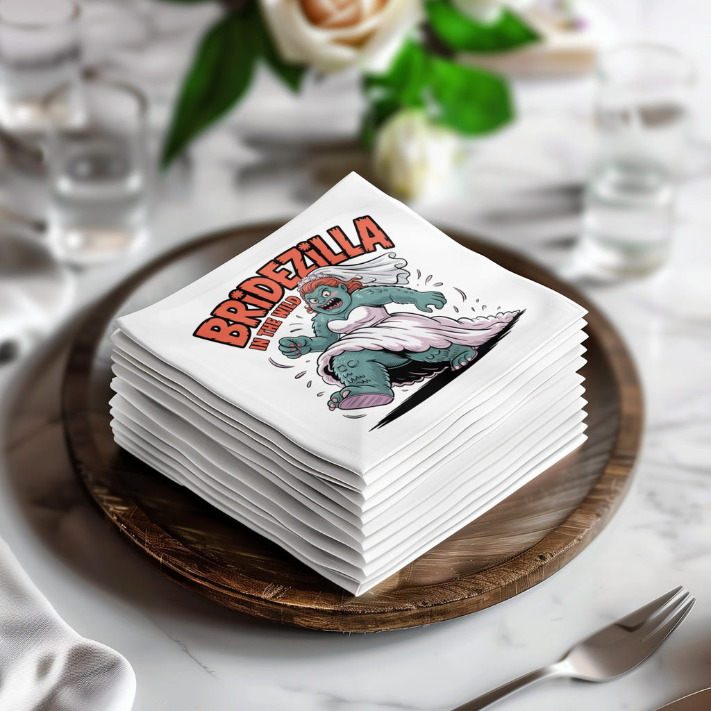 Bridezilla monster in wedding dress on white cocktail napkins.