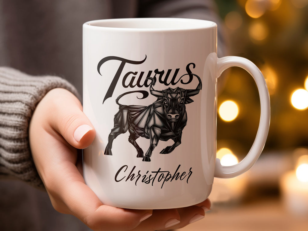 White mug with Taurus bull symbol and name Christopher.