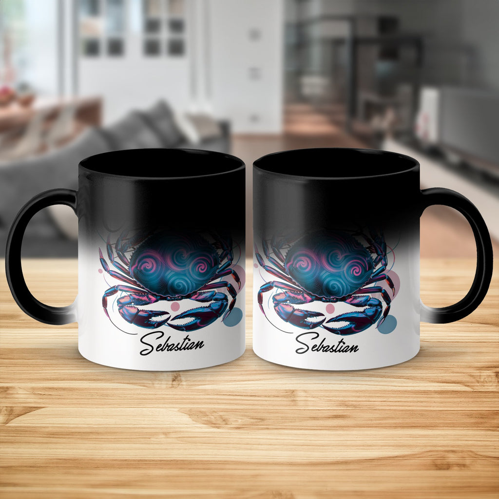 Magic mug with a pink and blue crab design and the name Sebastian.