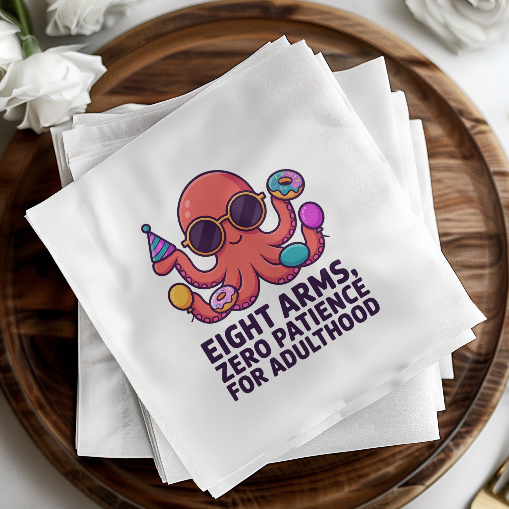 Napkin with cartoon octopus, party hat, donuts, and text "Eight arms, zero patience for adulthood".