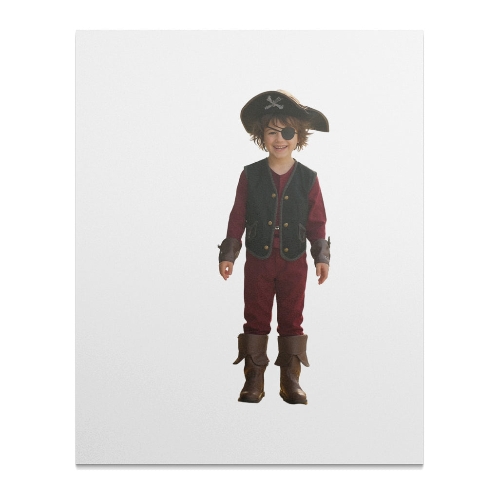 Boy in pirate costume with eye patch and hat, standing against white background.