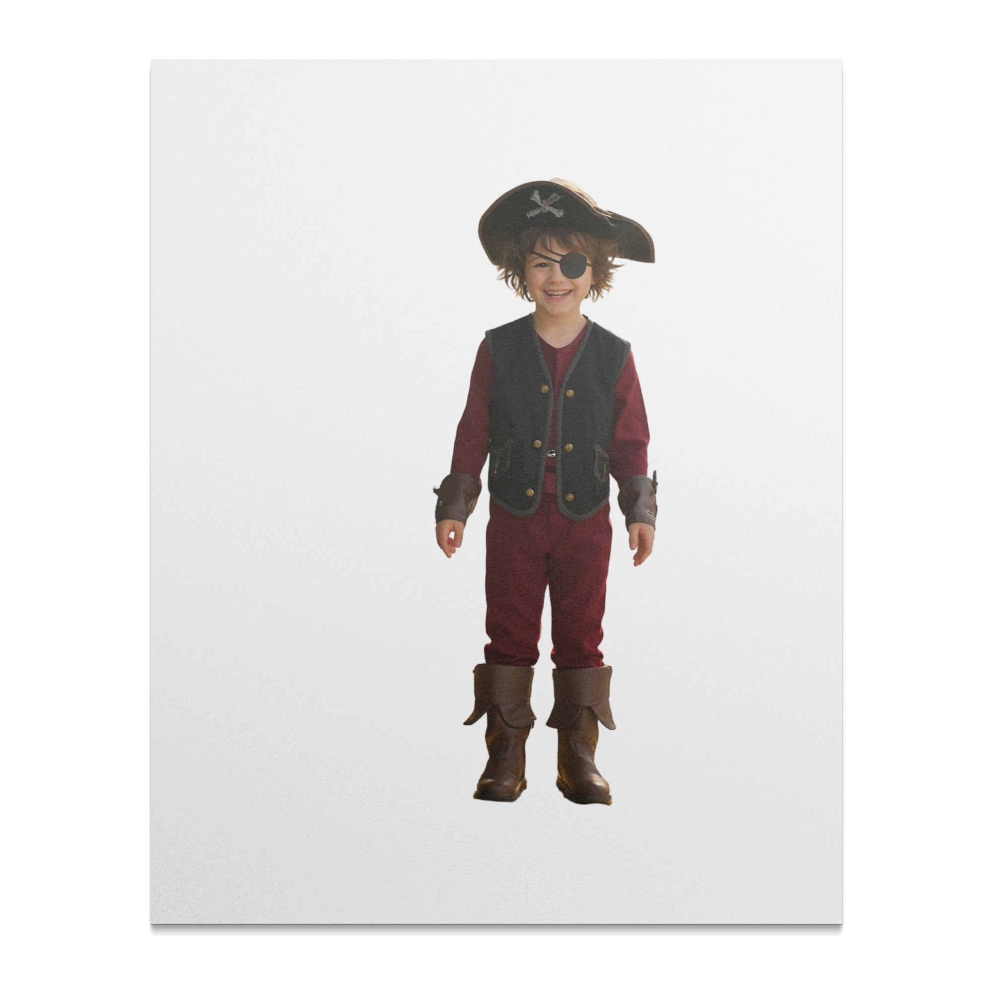 Boy in pirate costume with eye patch and hat, standing against white background.