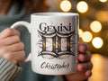 White mug with Gemini zodiac symbol and name Christopher.