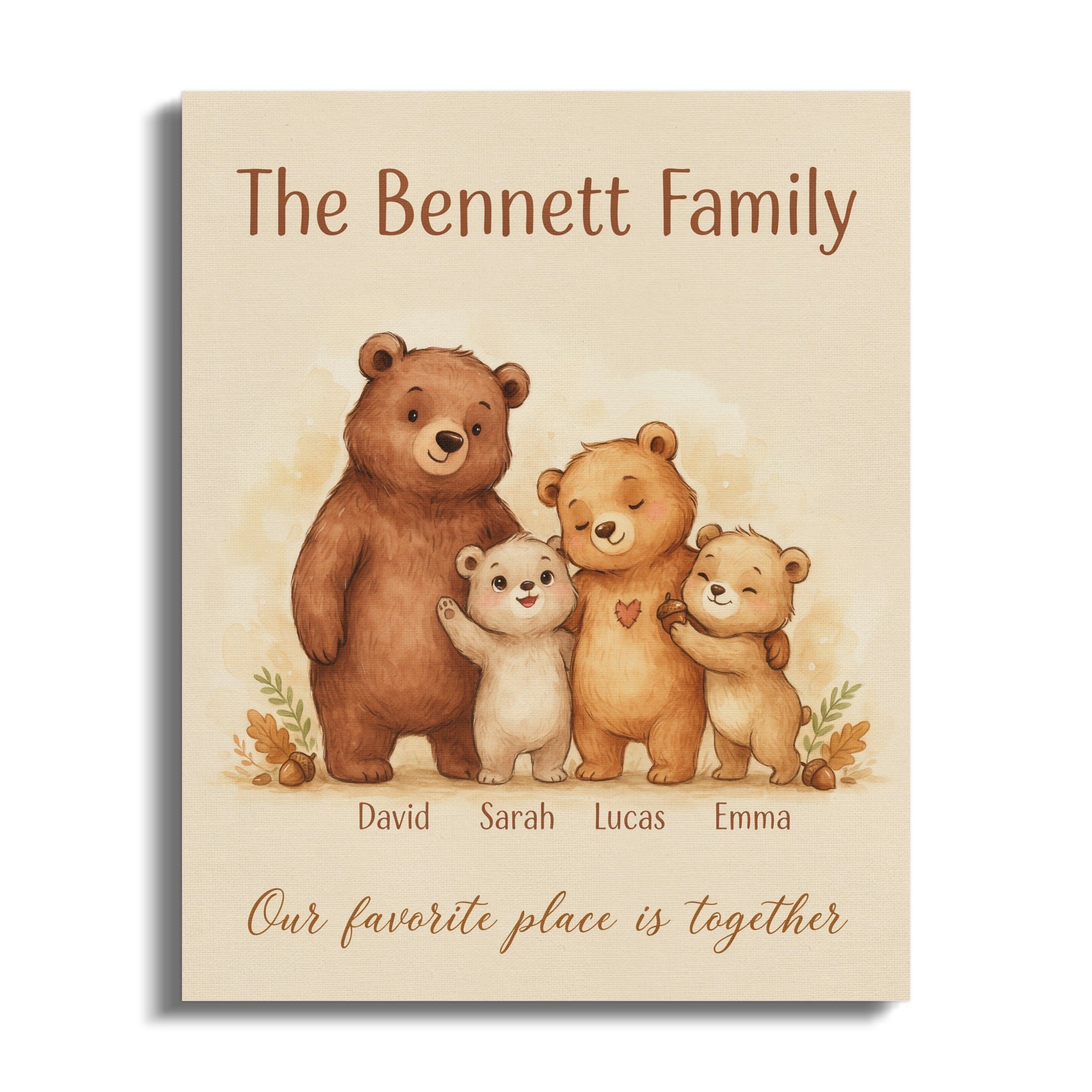 "The Bennett Family" personalized bear family artwork with names: David, Sarah, Lucas, Emma.