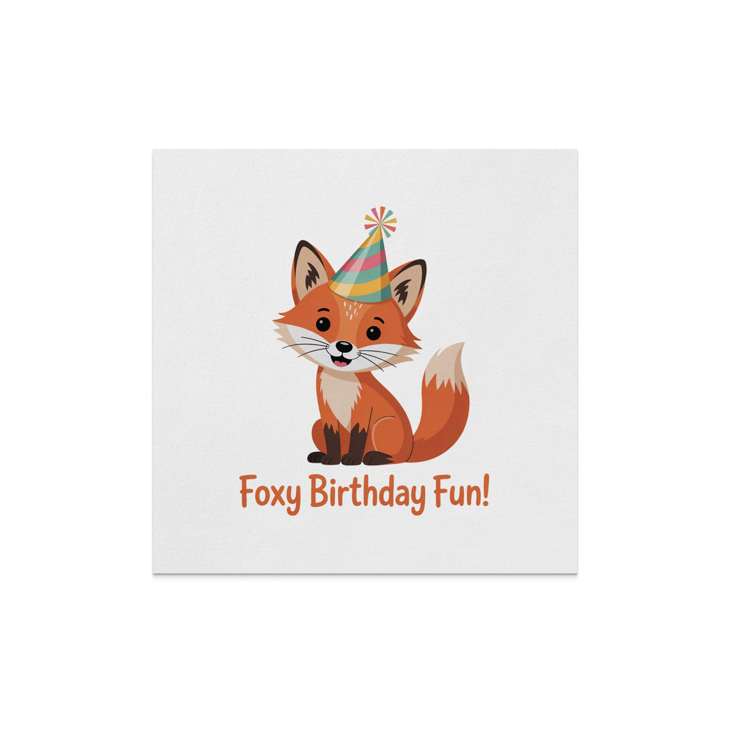Cartoon fox wearing party hat, with text "Foxy Birthday Fun!".
