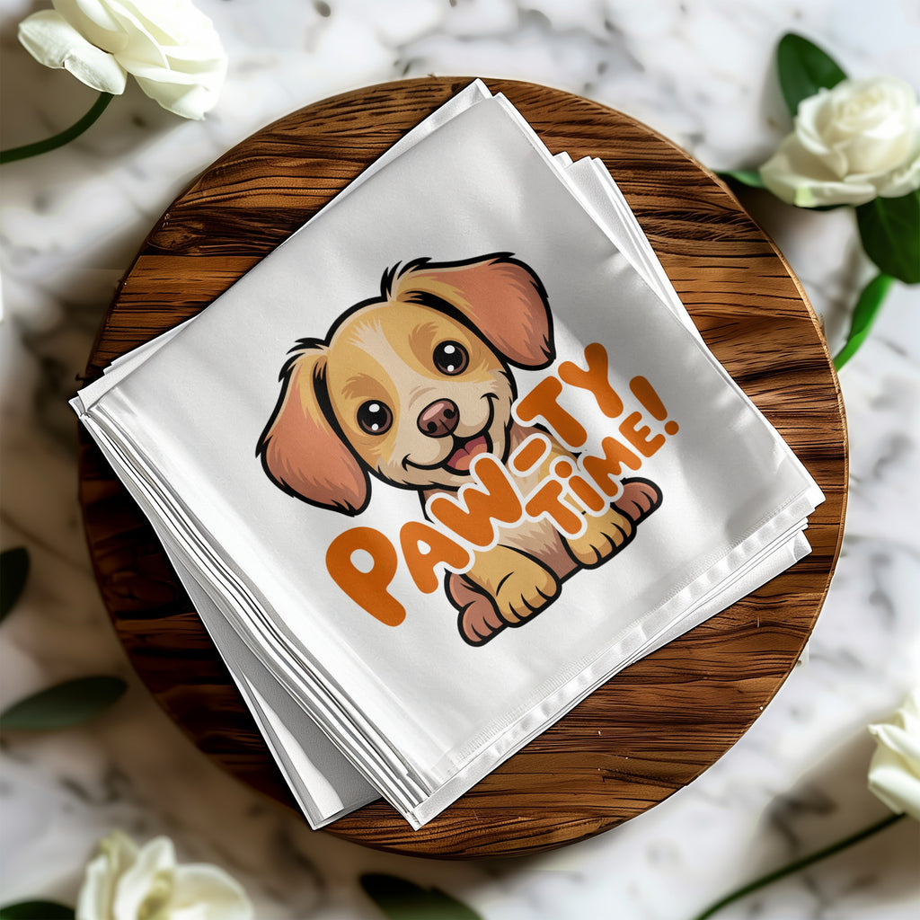 Cute cartoon dog on white napkin with "Paw-ty Time!" text.