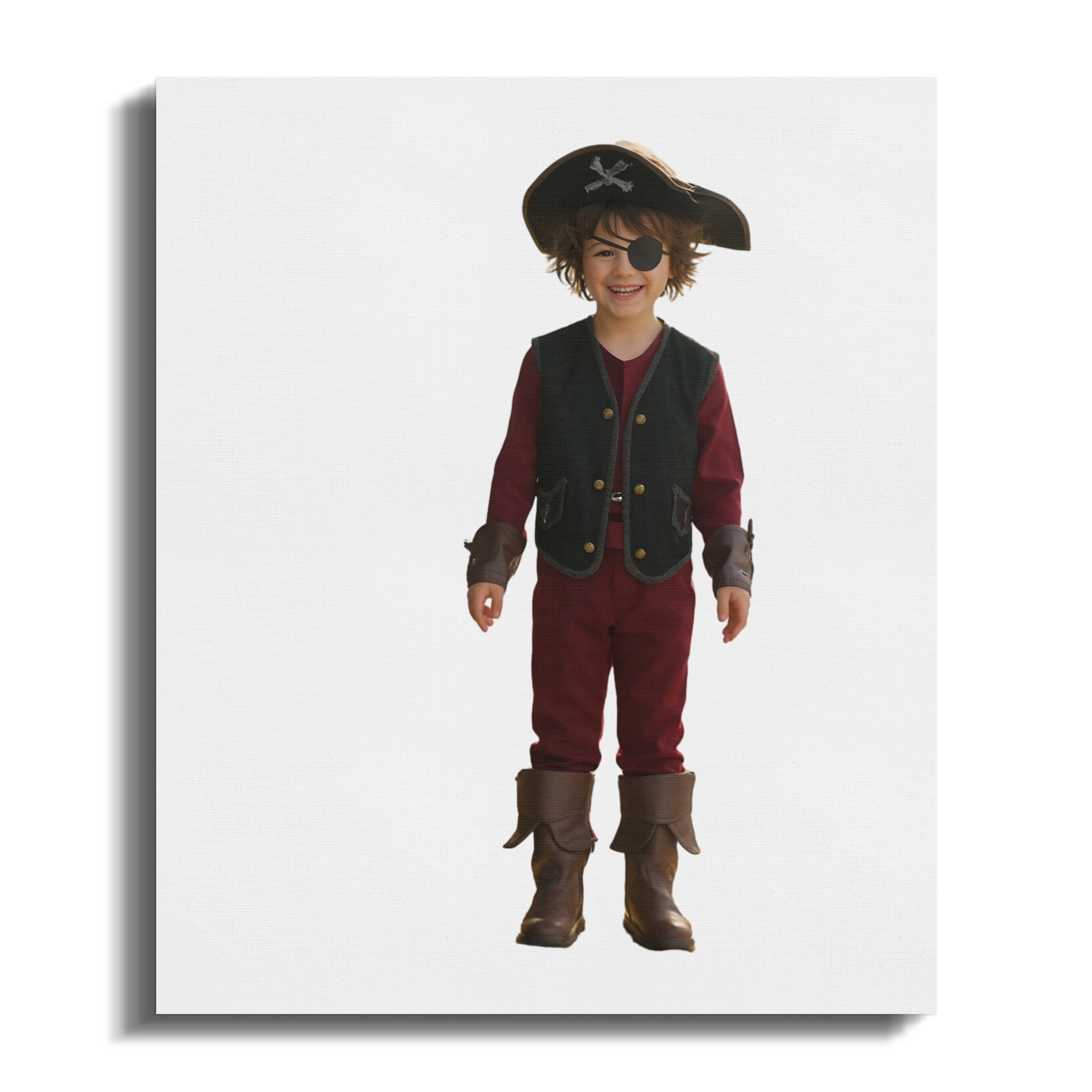 Young child dressed as a pirate in costume with eye patch and hat.