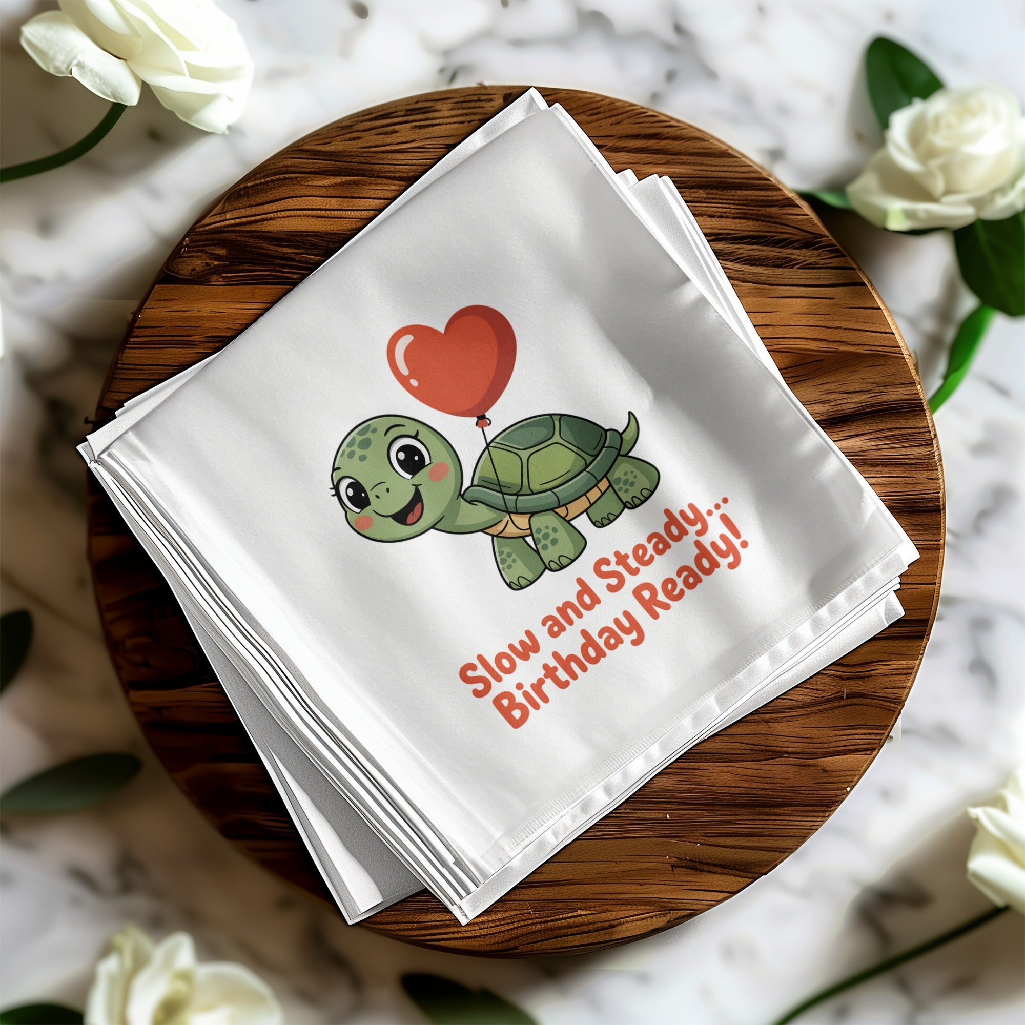 Cute cartoon turtle with red balloon, text "Slow and Steady... Birthday Ready!"