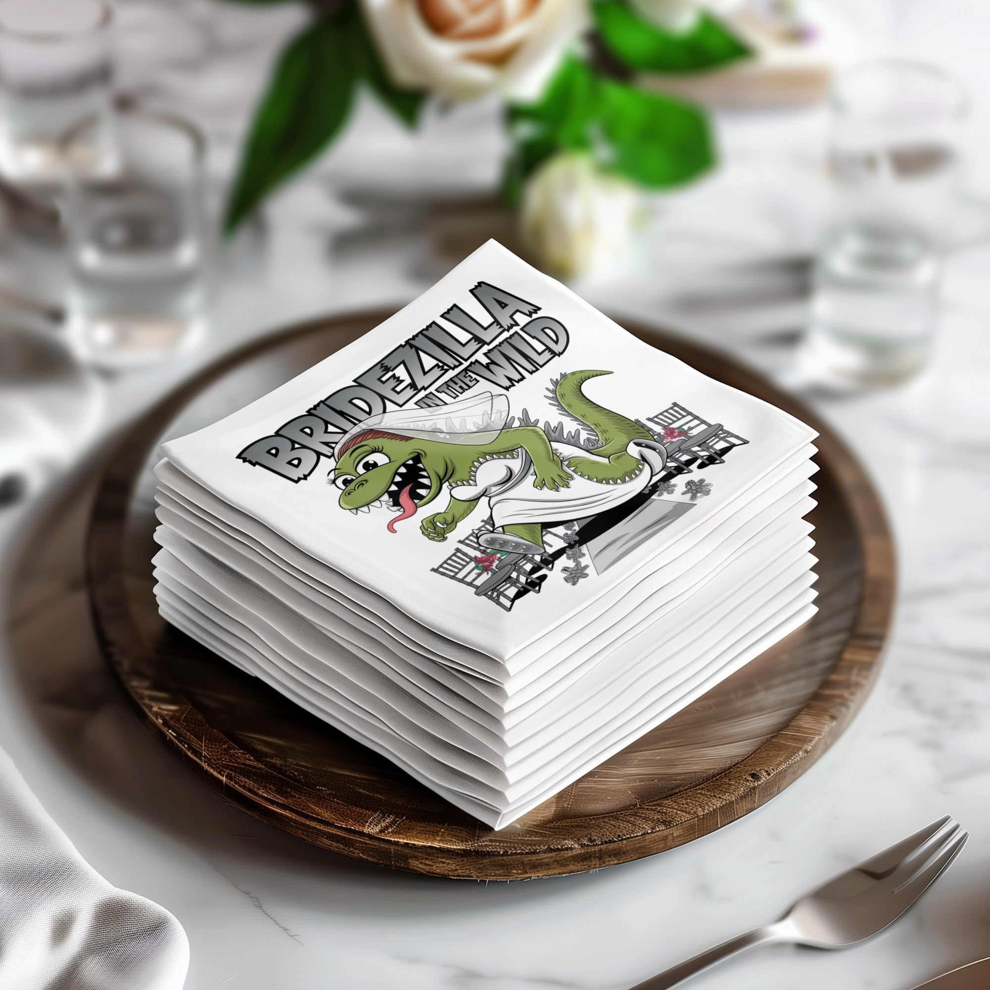 Bridezilla dinosaur wearing a wedding dress and veil on stacked napkins.
