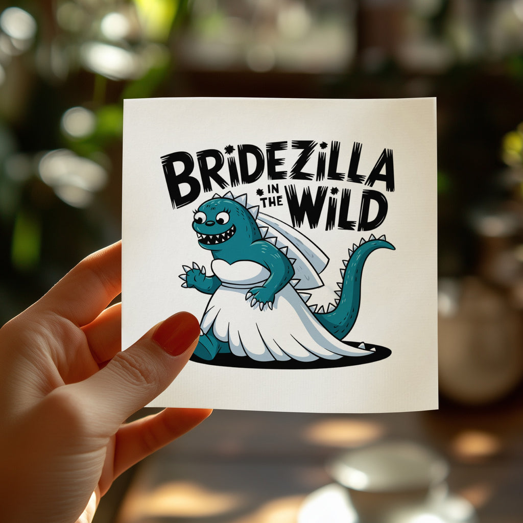 Bridezilla in the Wild text and cartoon bride dinosaur in wedding dress.