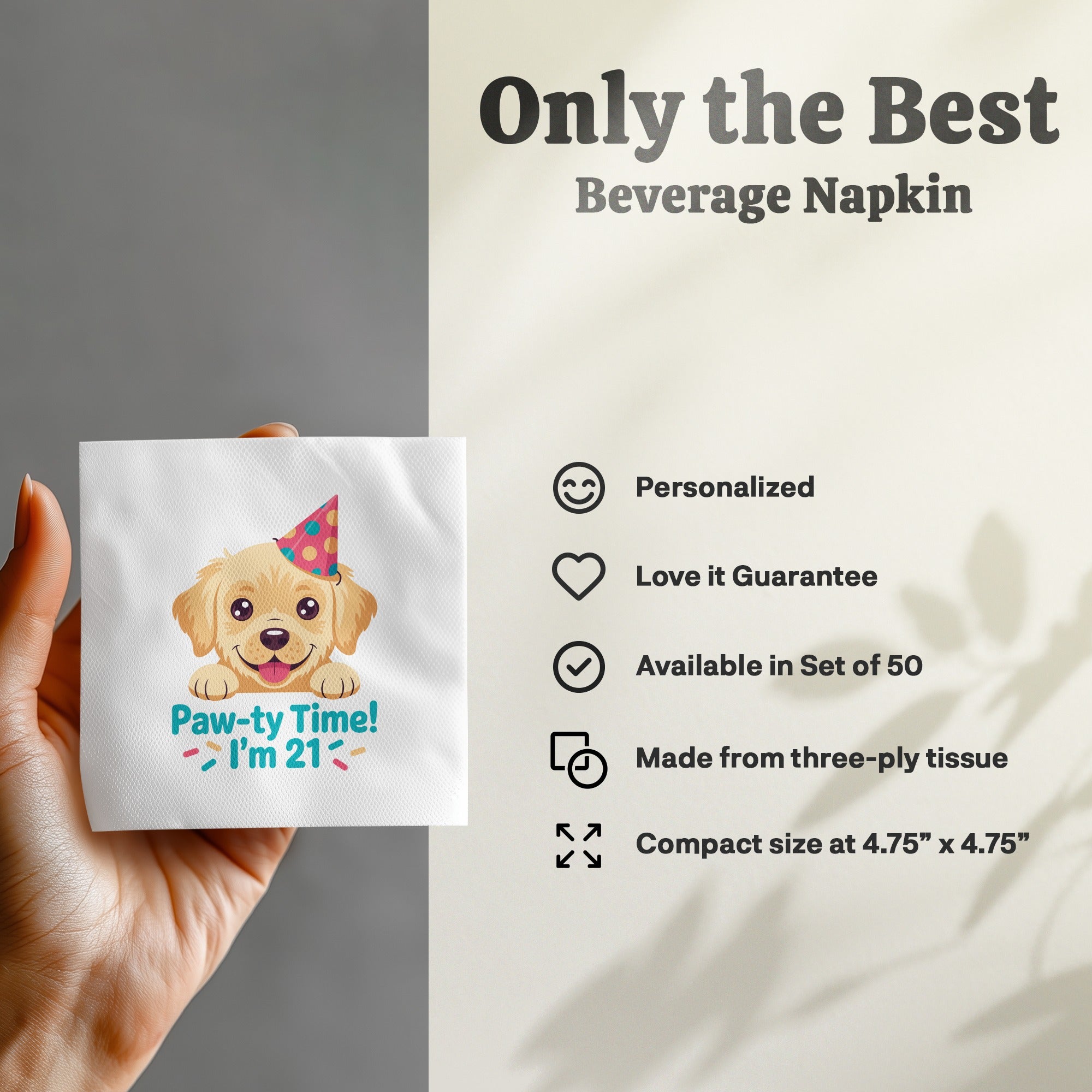 Yellow lab wearing a party hat, "Paw-ty Time! I'm 21!" on a white beverage napkin.