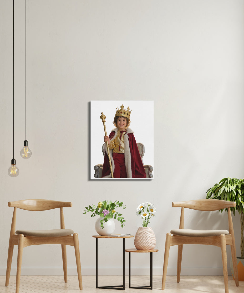 Smiling child wearing a crown and holding a scepter.